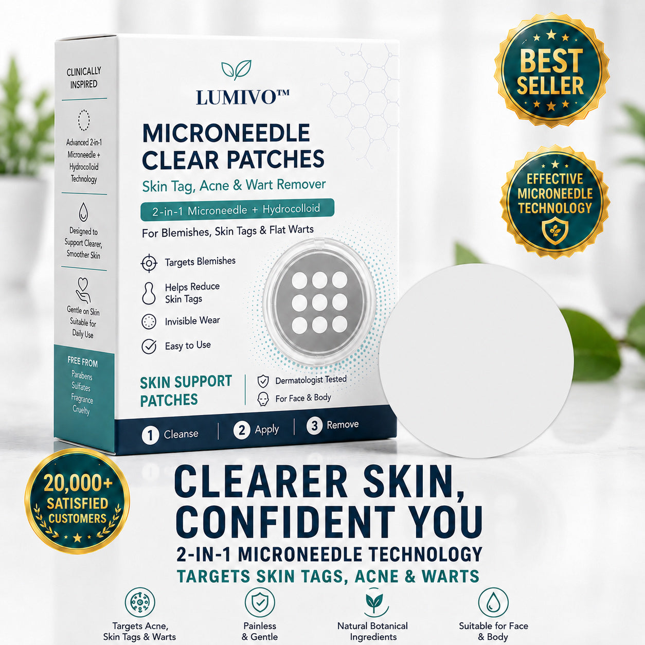 ✨LUMIVO™2-in-1 Microneedle & Hydrocolloid Patch🍀| Removes Raised Moles, Acne, Flat Warts & Skin Tags | Helps Improve Wrinkles, Scars & Blemishes | Invisible Patches for Face & Body
